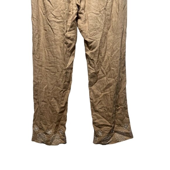 Abercrombie Fitch Linen Loose Fit Pants Womens Large Brown Embroidered Hem Beach - Picture 6 of 13